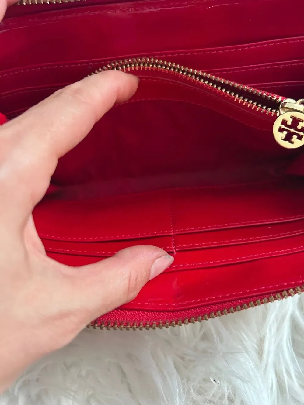 Tory Burch Red Patent Leather Gold Color Zipper Hardware Wallet